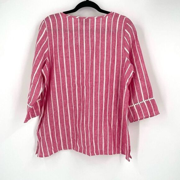 Rafaella Linen Striped lace Tie Top Pink White Large nautical July 4 coastal EUC - Picture 2 of 10